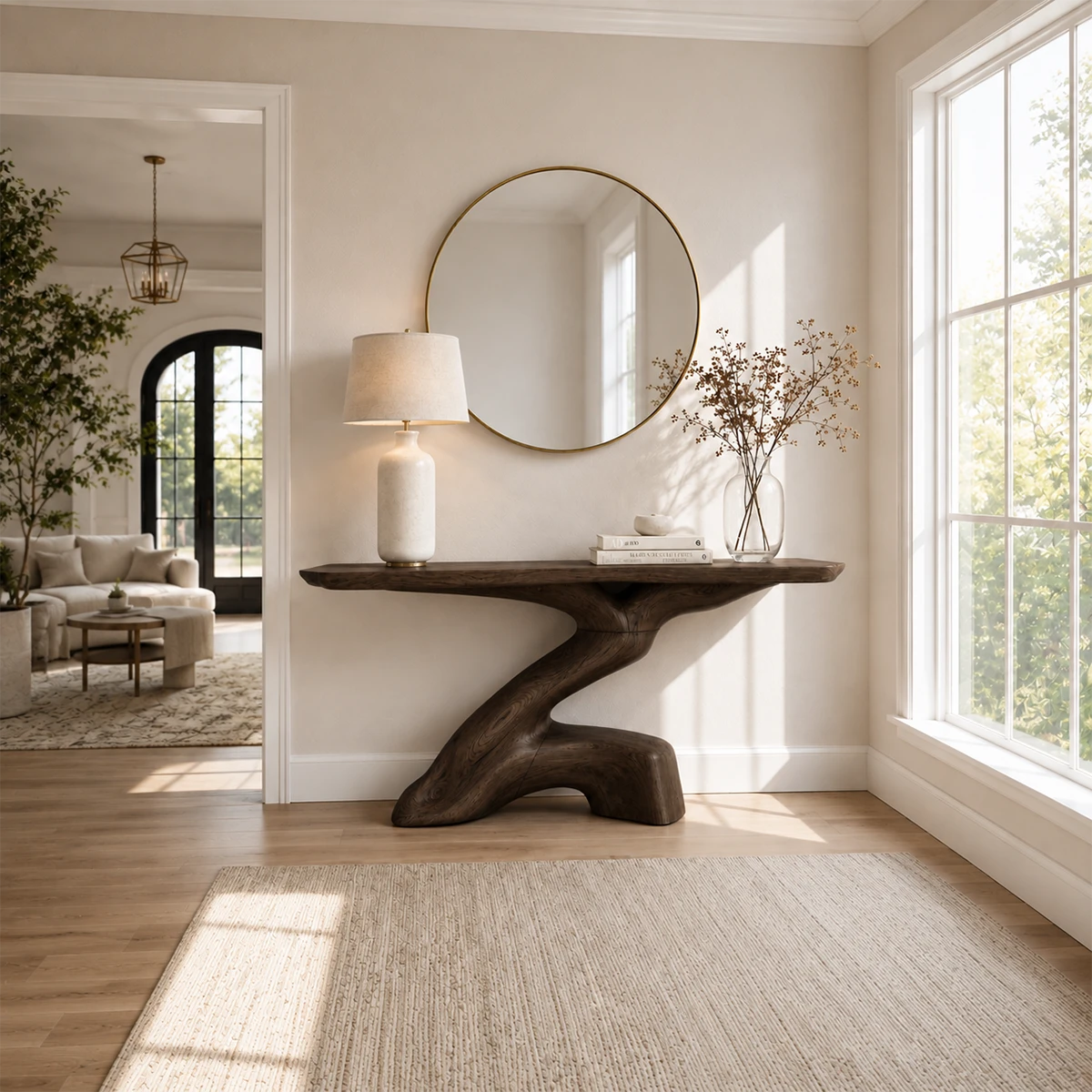 Organic modern console table styled beneath a round mirror in a calm sunlit room