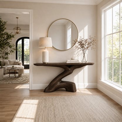 Organic modern console table styled beneath a round mirror in a calm sunlit room