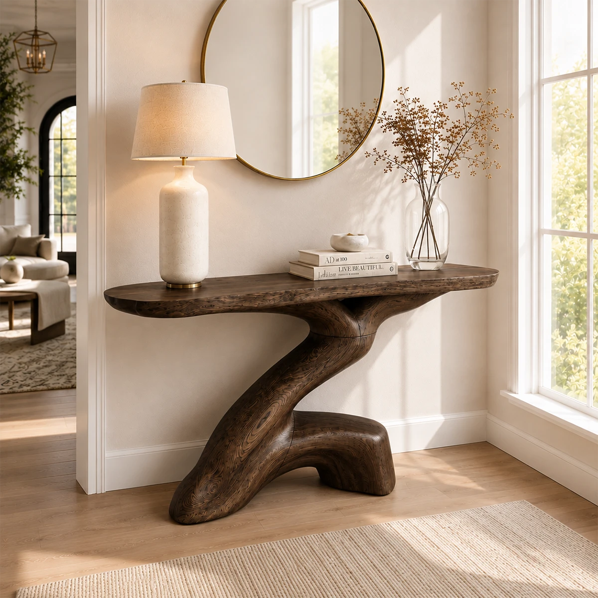Entryway console table featuring a curved support and broad display surface indoors