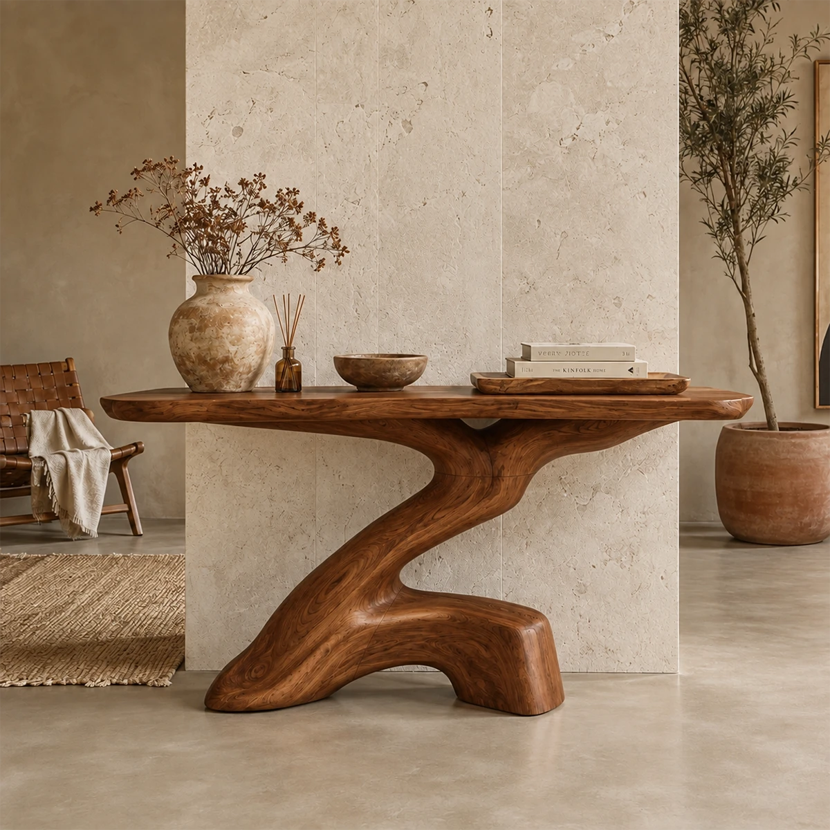 Artistic sofa table with flowing curves and visible grain in a serene living space