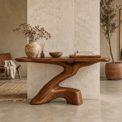 Artistic sofa table with flowing curves and visible grain in a serene living space