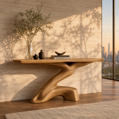 Modern accent console with branching support and sleek top near a bright window room