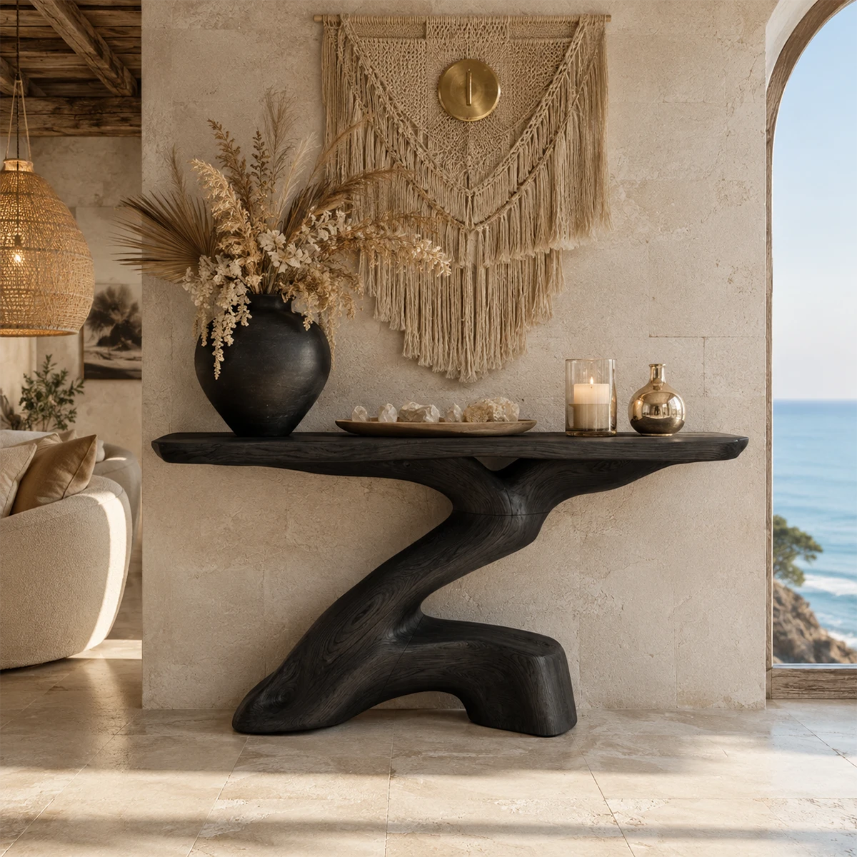Curved console table displayed with minimal decor in a warm contemporary interior
