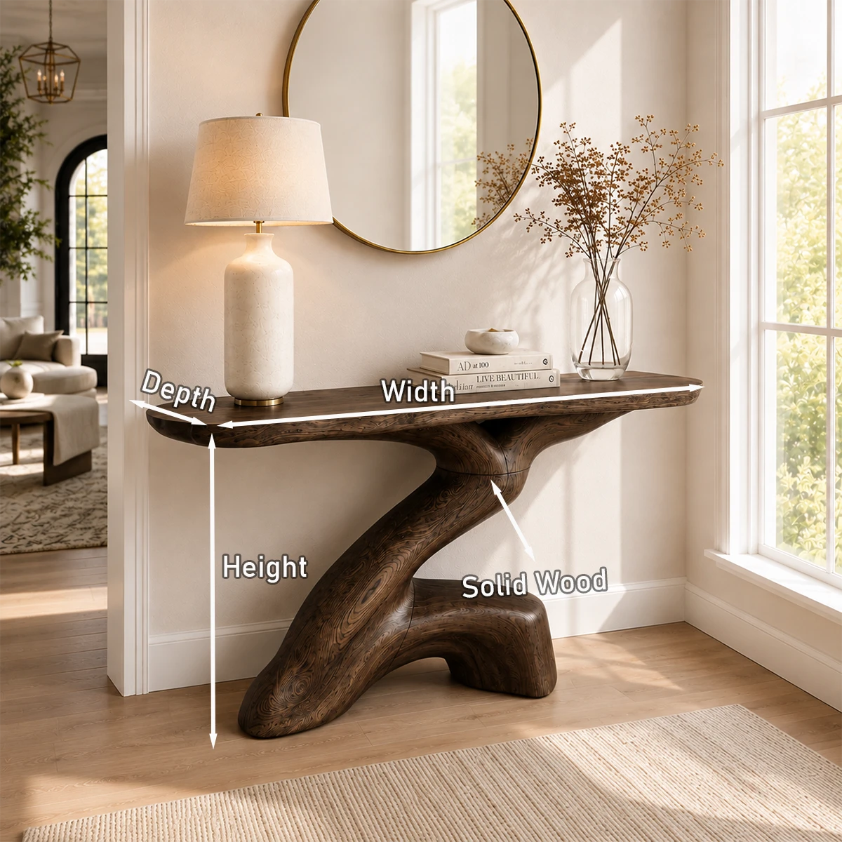 Statement console table blends organic form and dark wood tone in elegant interiors