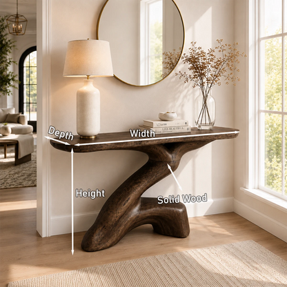 Statement console table blends organic form and dark wood tone in elegant interiors