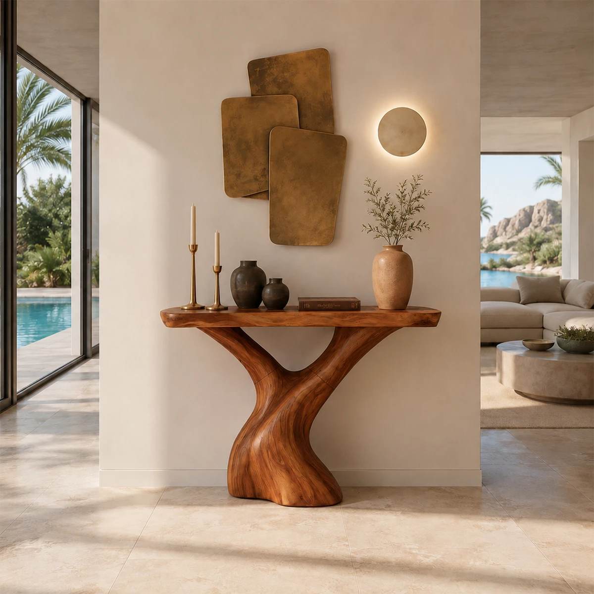 Luxury foyer table with branching pedestal form and generous top for decor display
