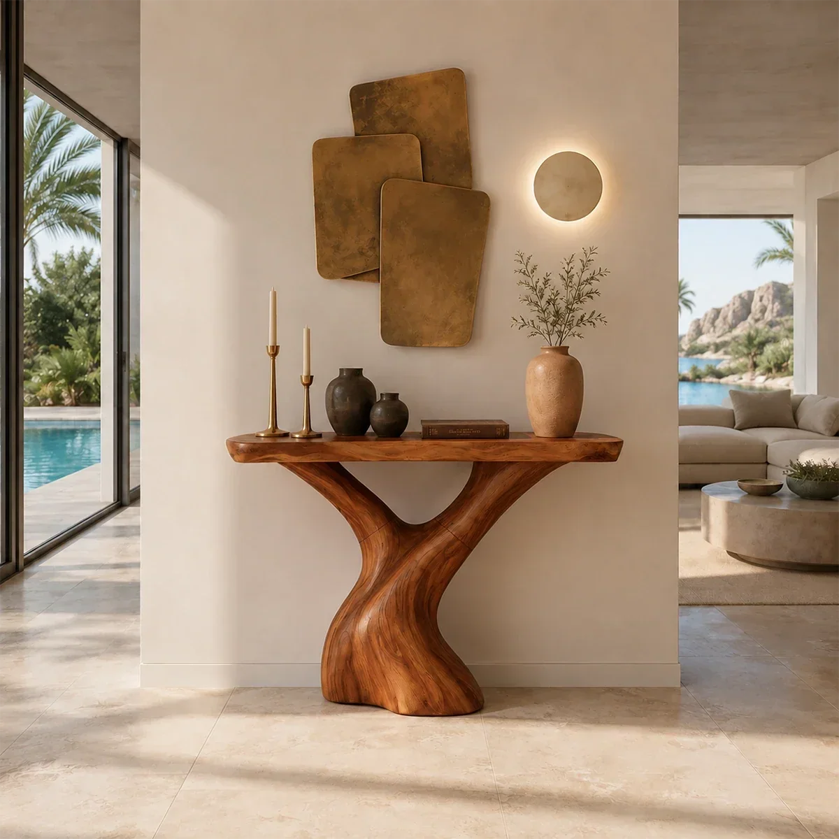 Luxury foyer table with branching pedestal form and generous top for decor display
