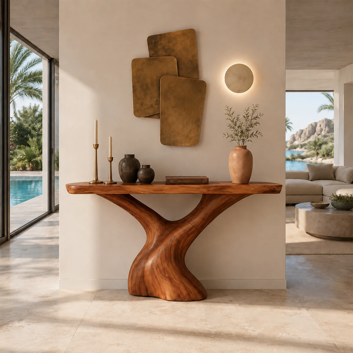 Contemporary console table showcases fluid supports in a bright minimalist home setting
