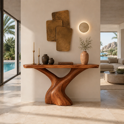 Contemporary console table showcases fluid supports in a bright minimalist home setting