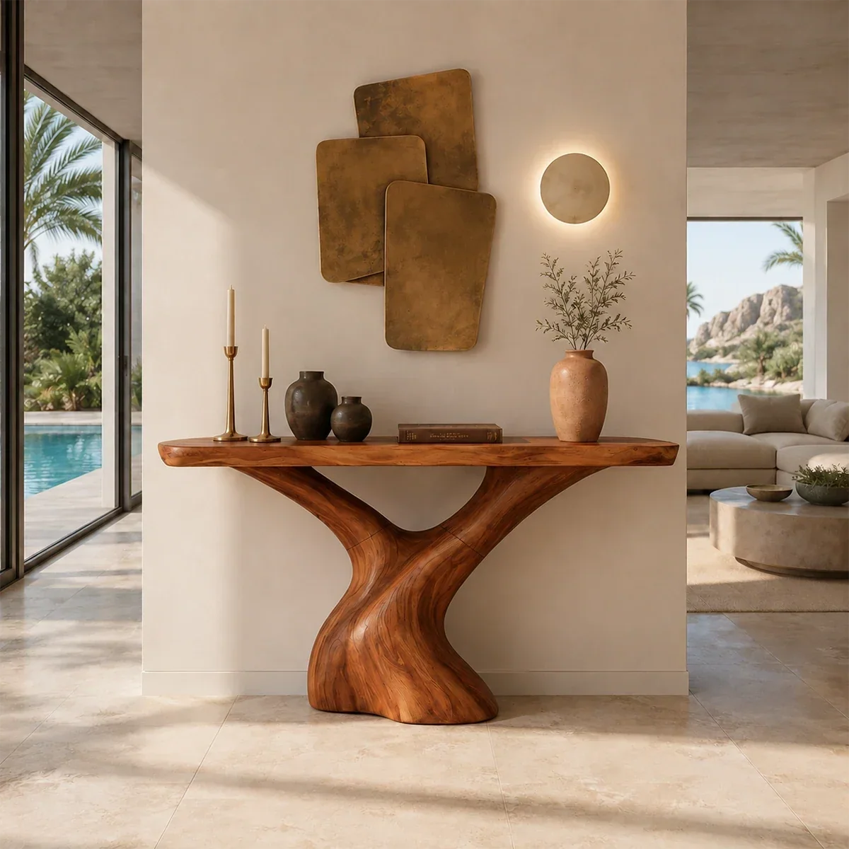 Contemporary console table showcases fluid supports in a bright minimalist home setting
