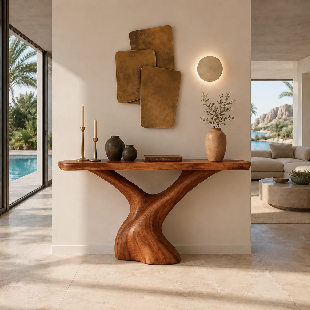 Wood tone console table with dramatic curved base and clean architectural profile indoors
