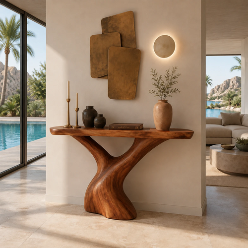 Sculptural console table with branching pedestal base in a bright coastal interior