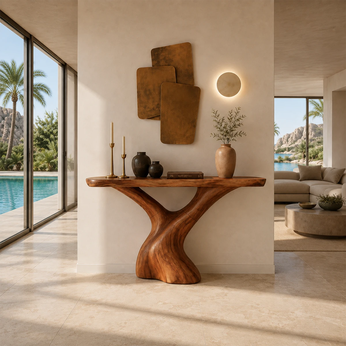 Organic modern console table styled with warm decor beside expansive poolside windows