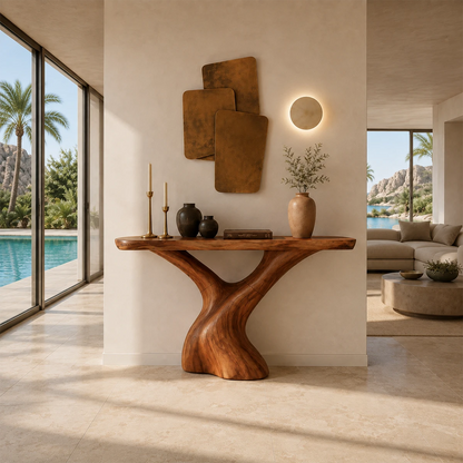 Organic modern console table styled with warm decor beside expansive poolside windows