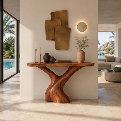 Entryway console table featuring flowing supports and a broad display surface indoors