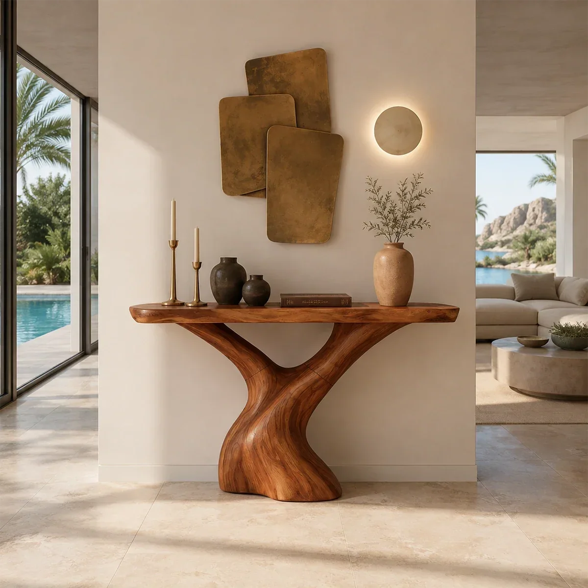Entryway console table featuring flowing supports and a broad display surface indoors
