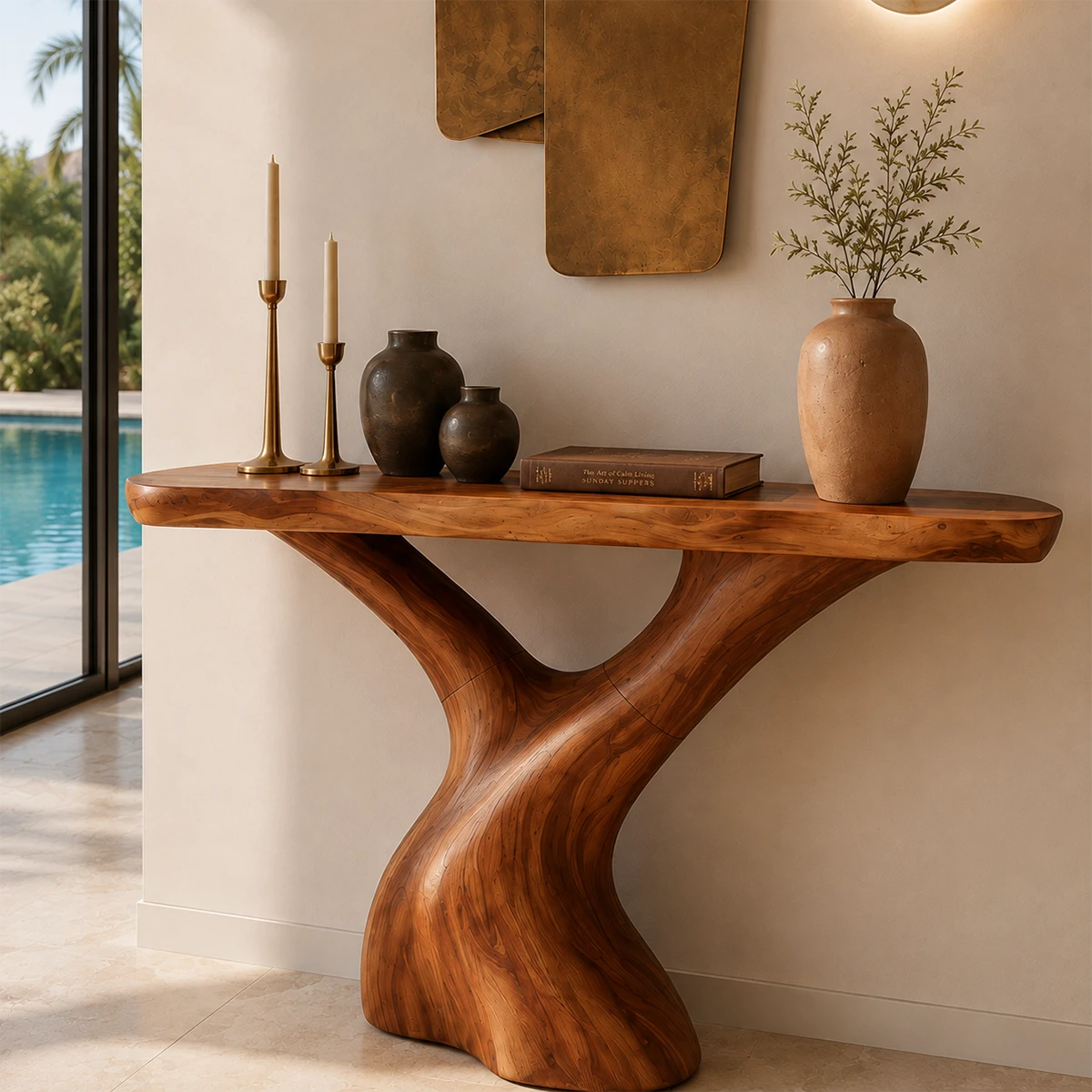 Designer hallway table with sculpted curves and visible grain in a serene home setting