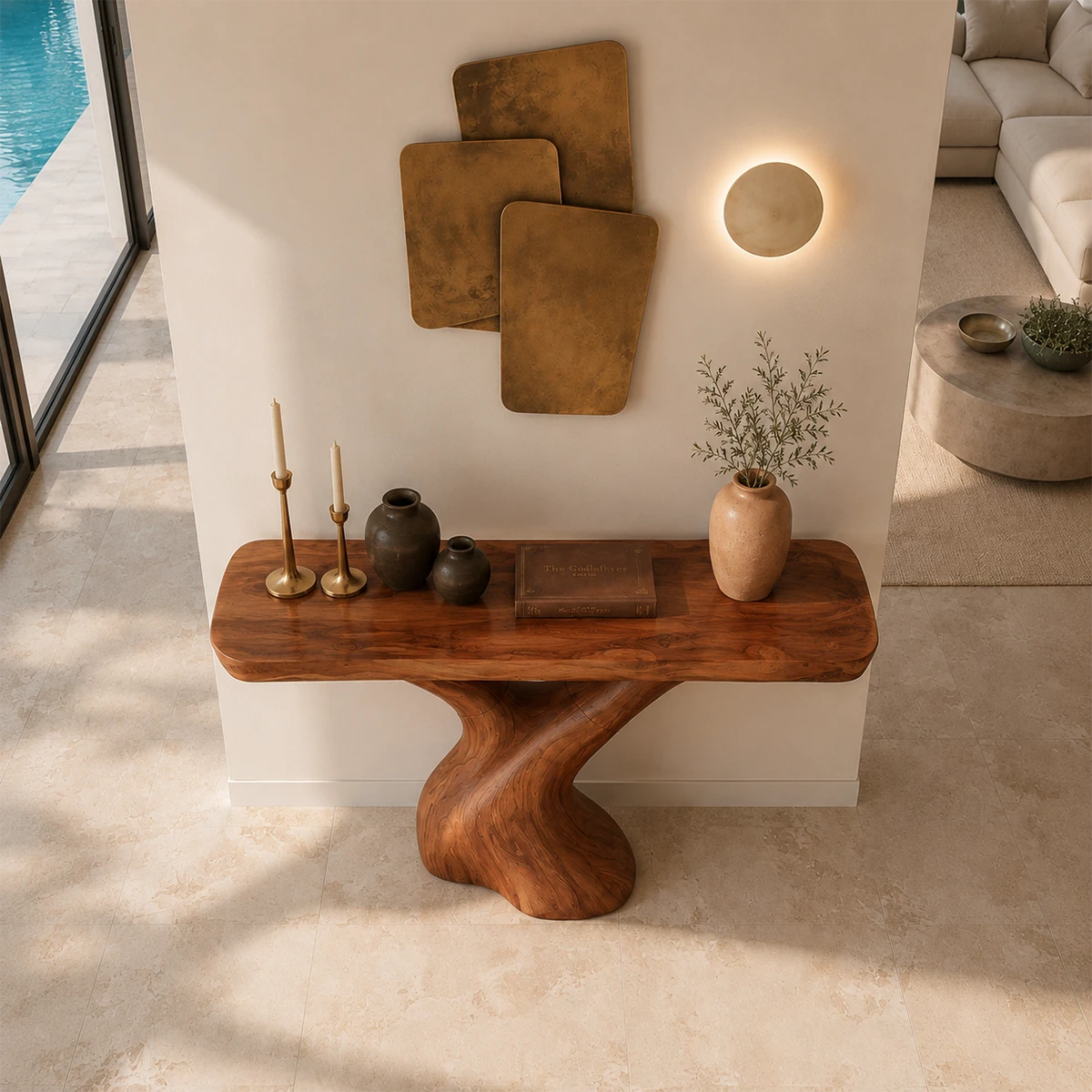 Narrow console table with artistic branch like base for refined foyer decor styling