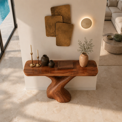 Narrow console table with artistic branch like base for refined foyer decor styling