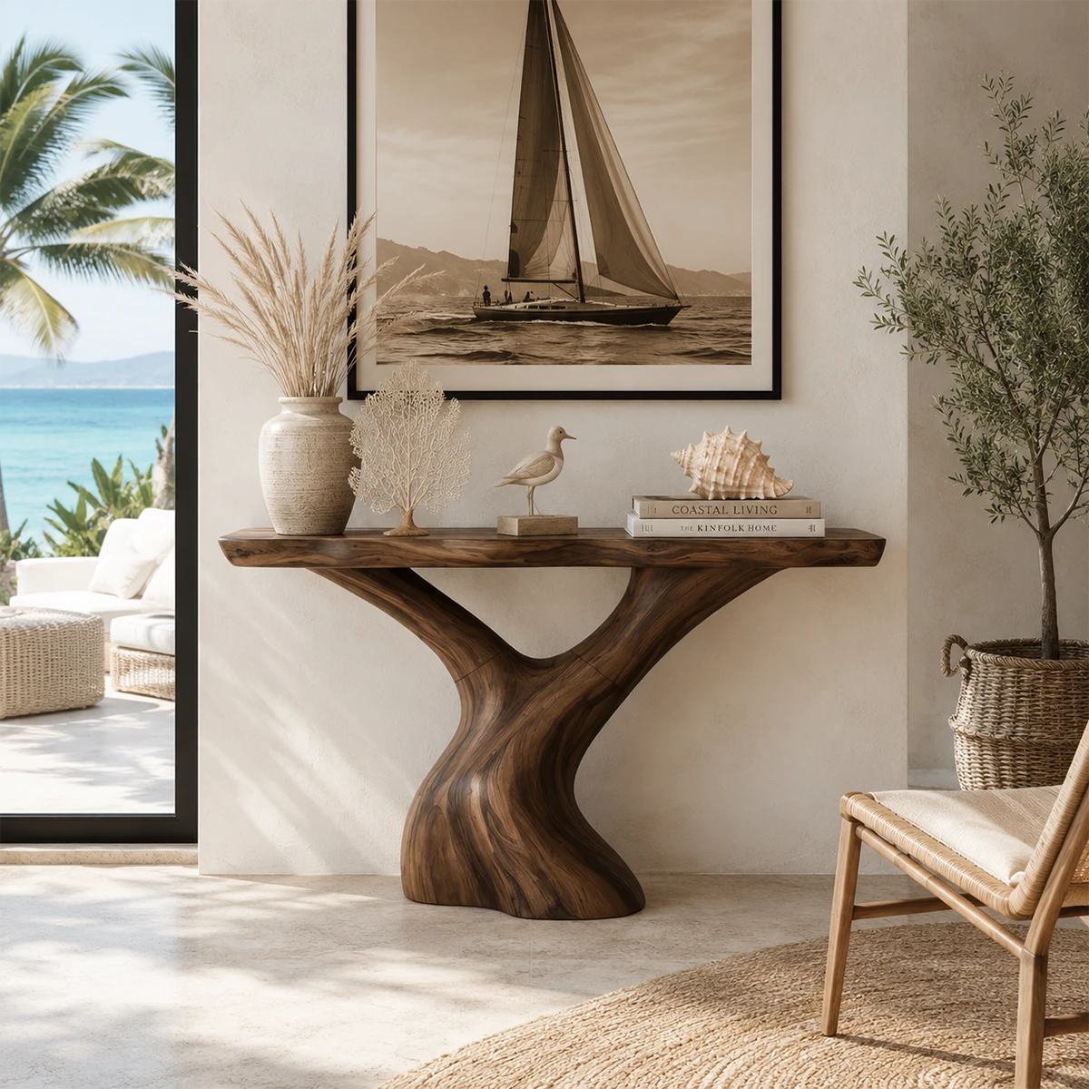 Artistic sofa table with sweeping lines and a warm wood tone finish in calm interiors