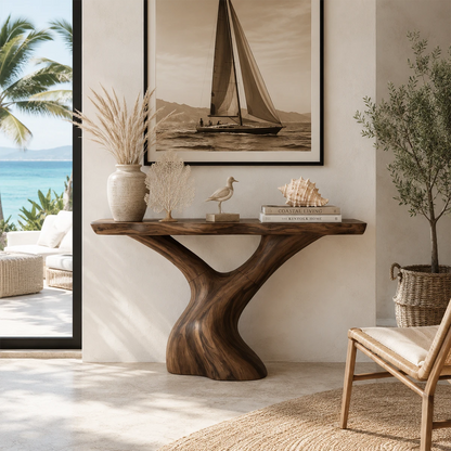 Artistic sofa table with sweeping lines and a warm wood tone finish in calm interiors