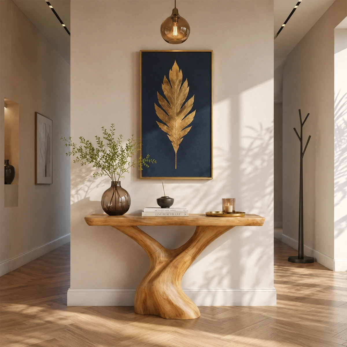 Modern accent console with sculptural support and sleek top near sunlit glass walls