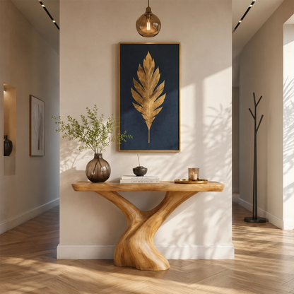 Modern accent console with sculptural support and sleek top near sunlit glass walls