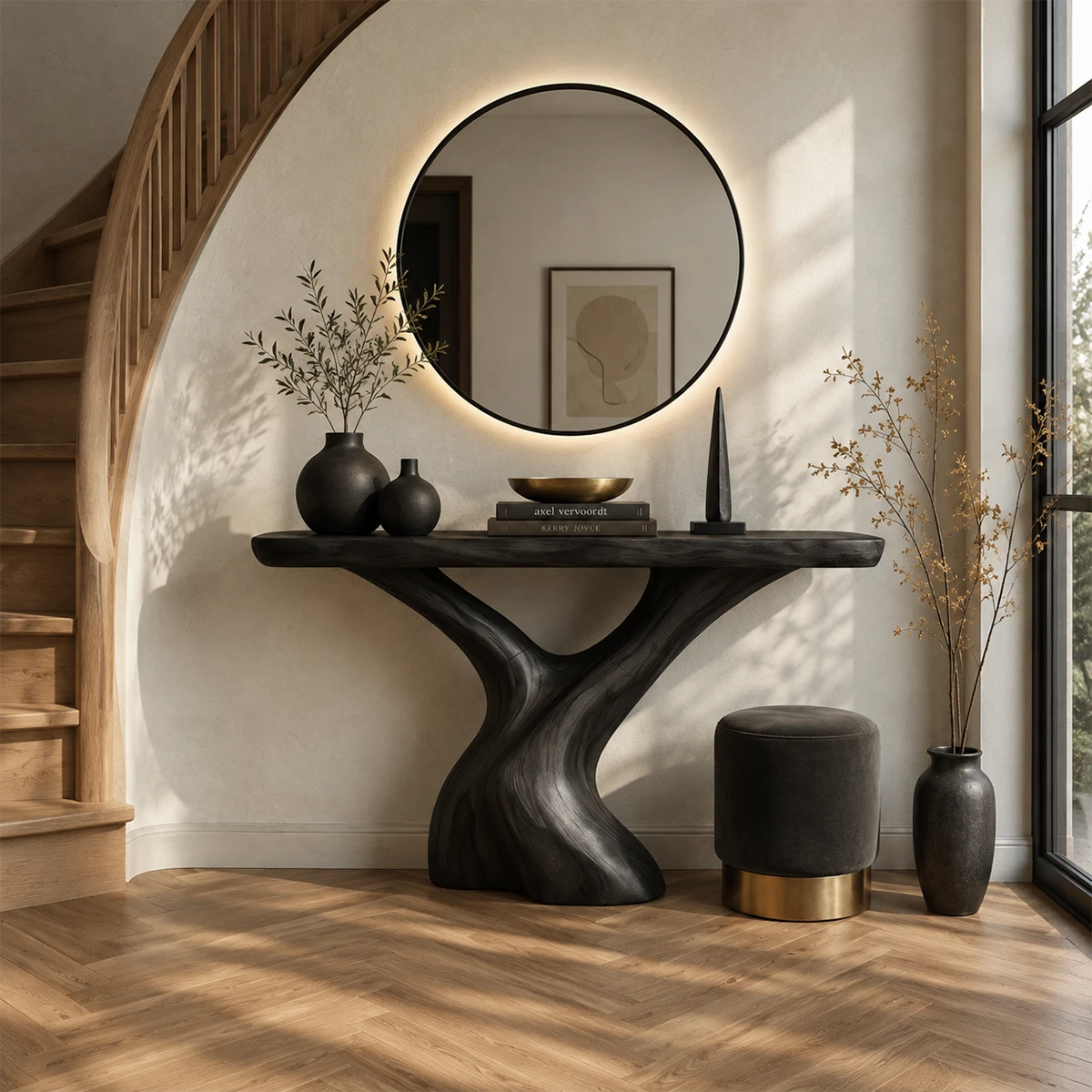Curved console table displayed with decor in a luxury room overlooking tropical views