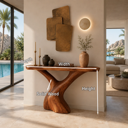 Statement console table blends organic structure and warm finish in elegant interiors