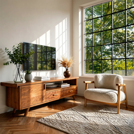 Bright living room with mid century TV stand and natural wood media console near large window