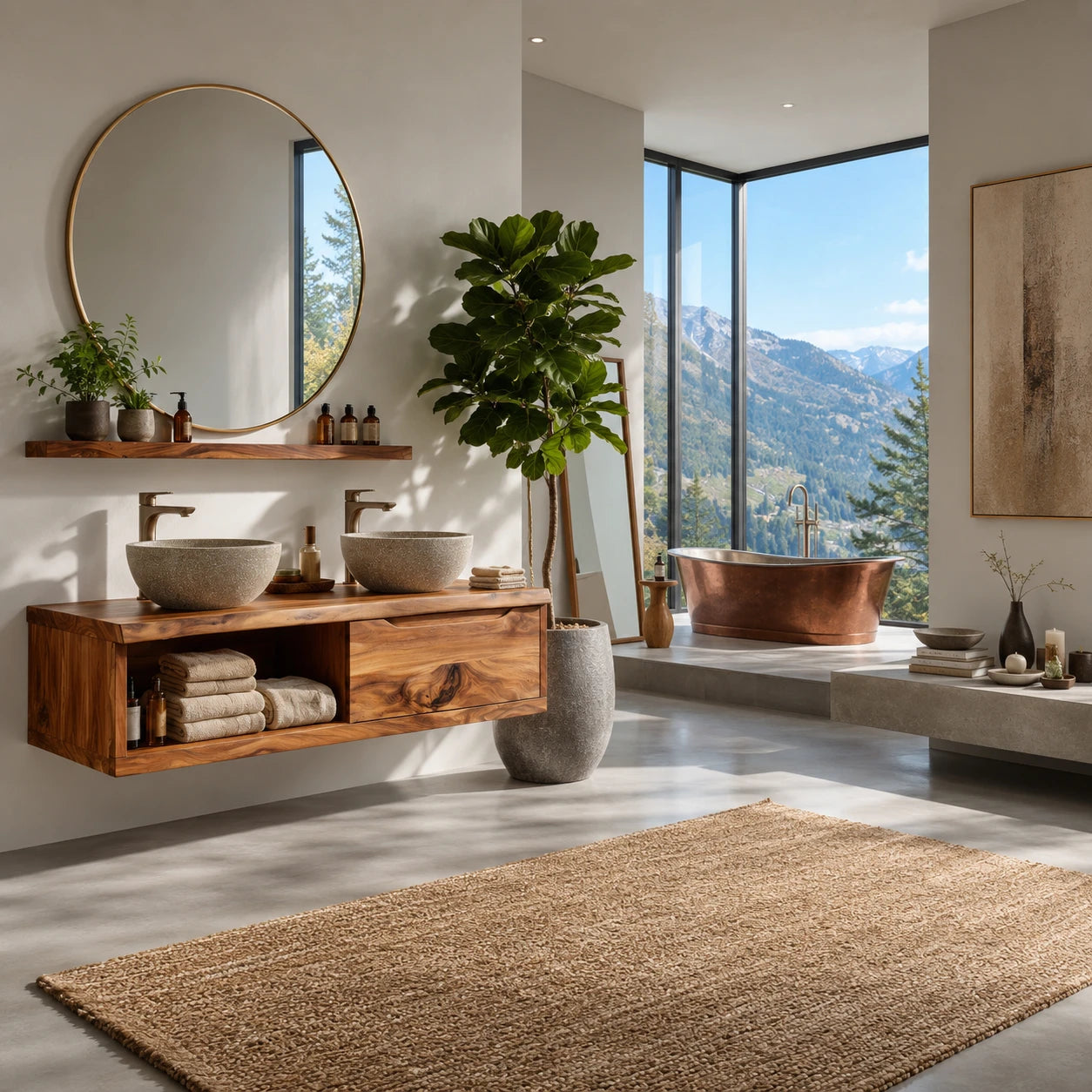 Broad Natural Solid Wood Double Floating Bathroom Vanity With Open Storage - ArborisWood - 10