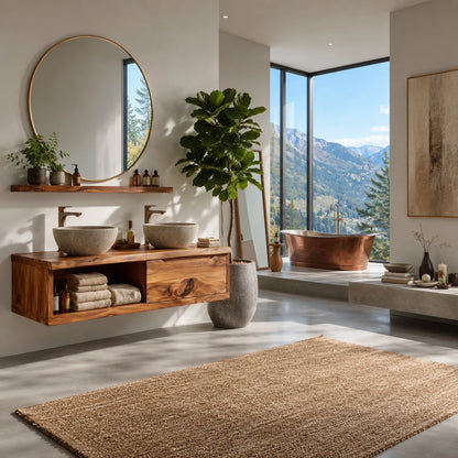 Broad Natural Solid Wood Double Floating Bathroom Vanity With Open Storage - ArborisWood - 10