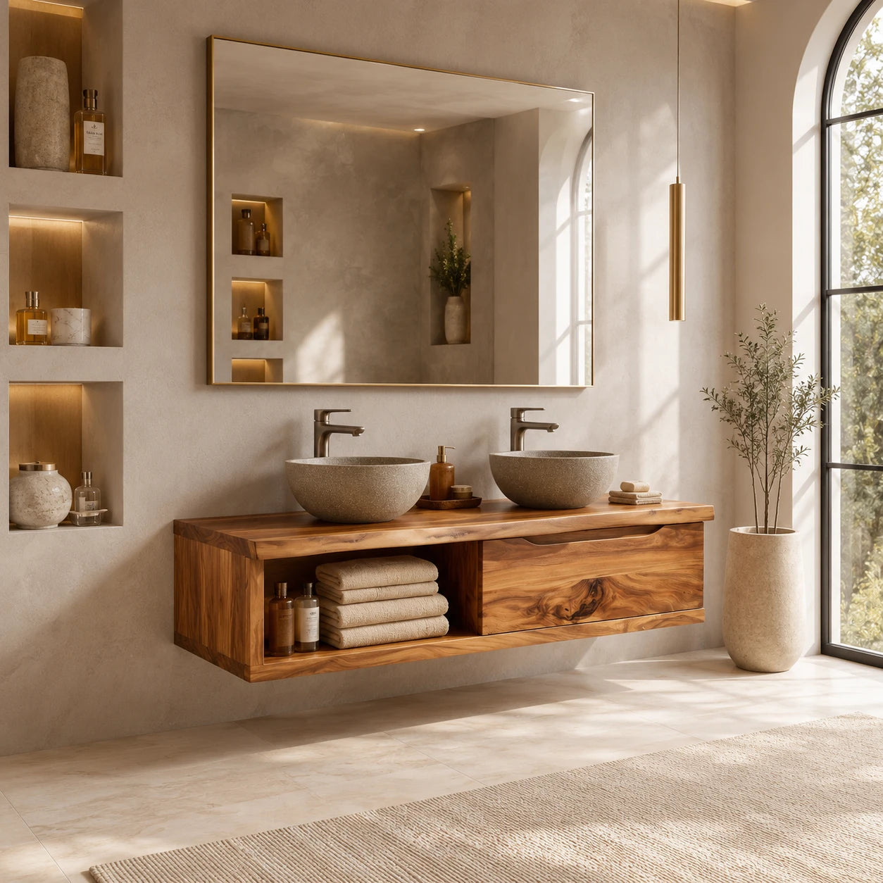 Broad Natural Solid Wood Double Floating Bathroom Vanity With Open Storage - ArborisWood - 11