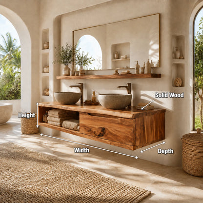 Broad Natural Solid Wood Double Floating Bathroom Vanity With Open Storage - ArborisWood - 12