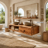 Broad Natural Solid Wood Double Floating Bathroom Vanity With Open Storage - Arboriswood - 12