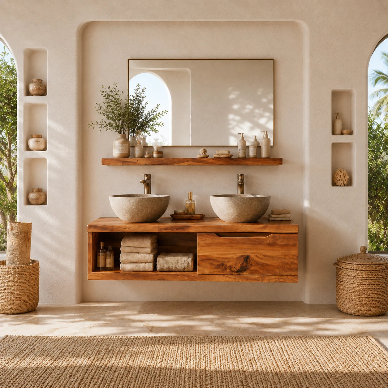 Broad Natural Solid Wood Double Floating Bathroom Vanity With Open Storage - ArborisWood - 13