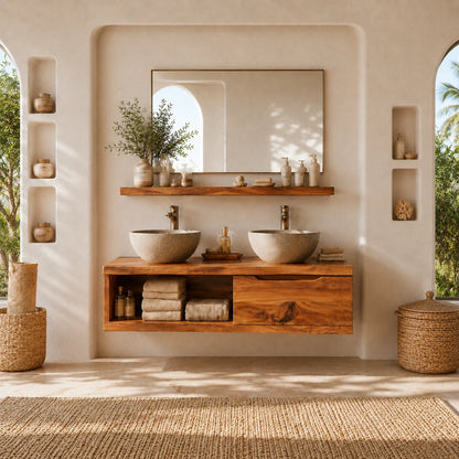 Broad Natural Solid Wood Double Floating Bathroom Vanity With Open Storage - ArborisWood - 13