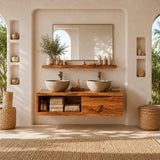 Broad Natural Solid Wood Double Floating Bathroom Vanity With Open Storage - Arboriswood - 13