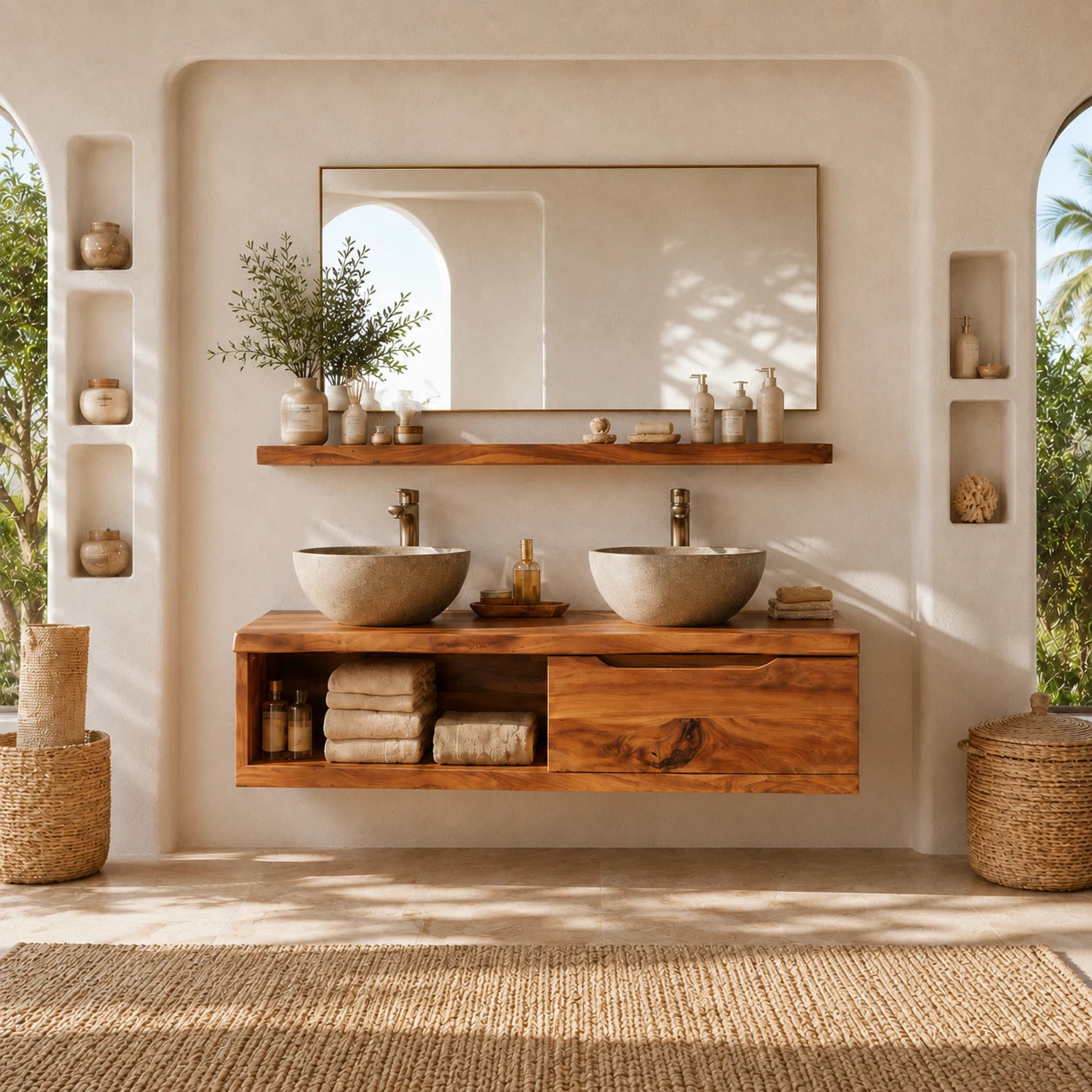 Broad Natural Solid Wood Double Floating Bathroom Vanity With Open Storage - ArborisWood - 14
