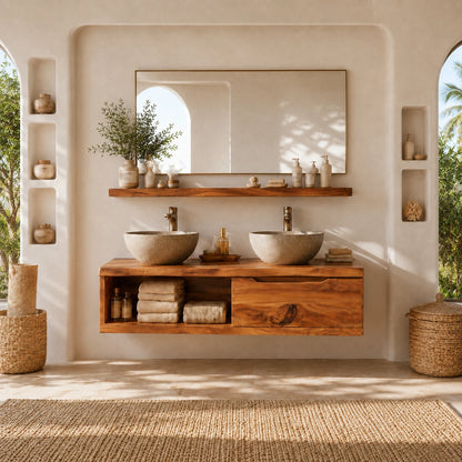 Broad Natural Solid Wood Double Floating Bathroom Vanity With Open Storage - ArborisWood - 14