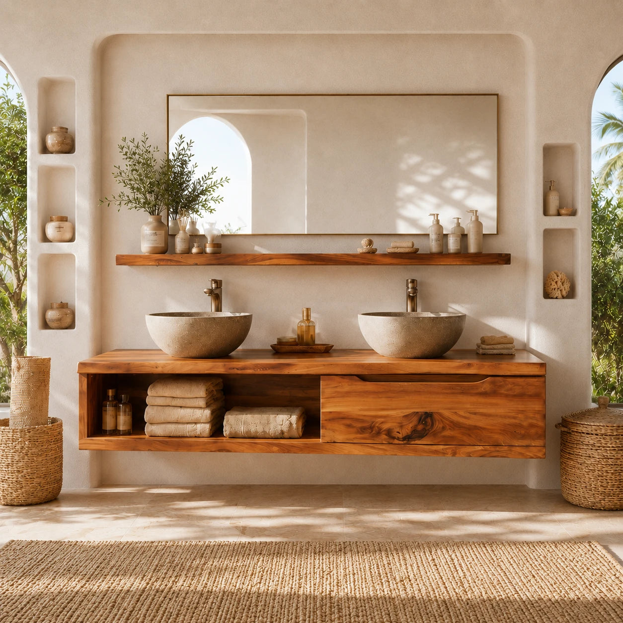 Broad Natural Solid Wood Double Floating Bathroom Vanity With Open Storage - ArborisWood - 15