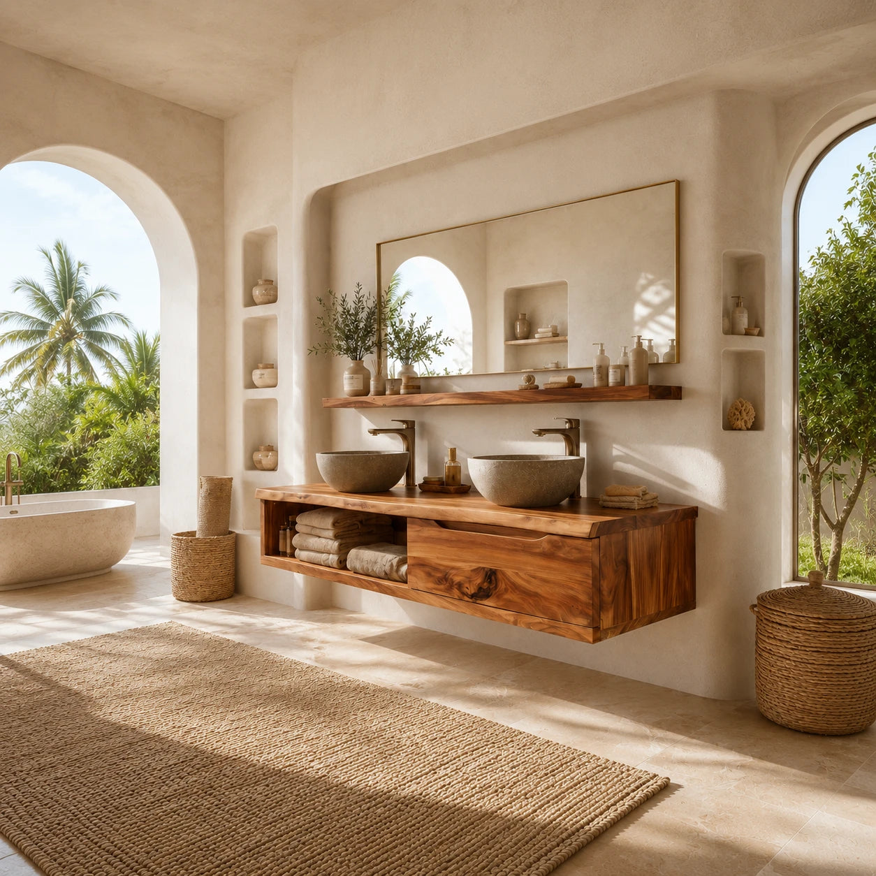 Broad Natural Solid Wood Double Floating Bathroom Vanity With Open Storage - ArborisWood - 2
