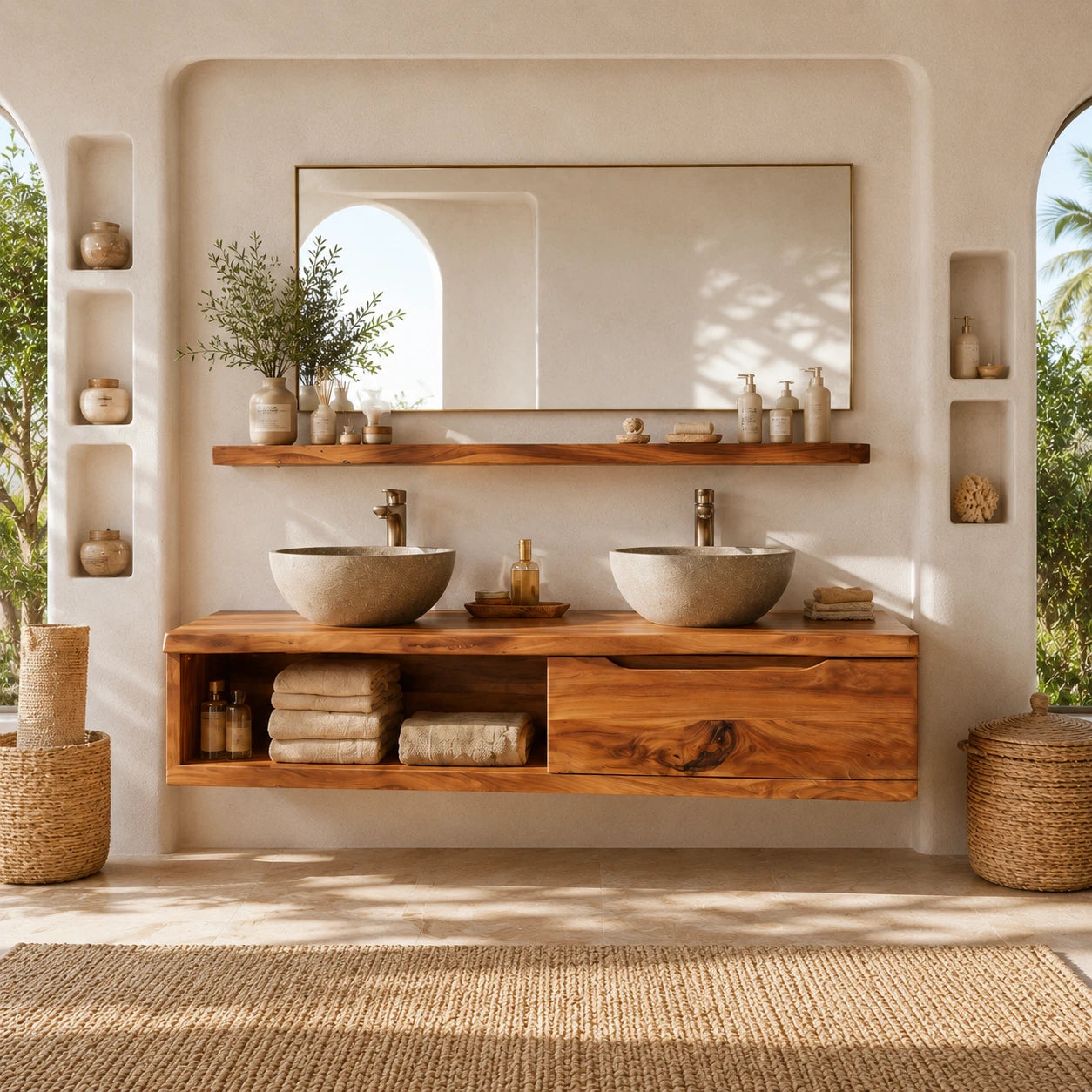 Broad Natural Solid Wood Double Floating Bathroom Vanity With Open Storage - ArborisWood - 3