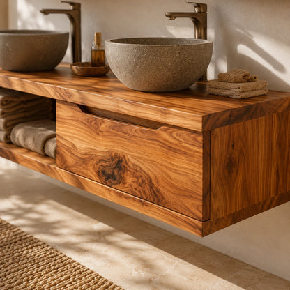 Broad Natural Solid Wood Double Floating Bathroom Vanity With Open Storage - ArborisWood - 4