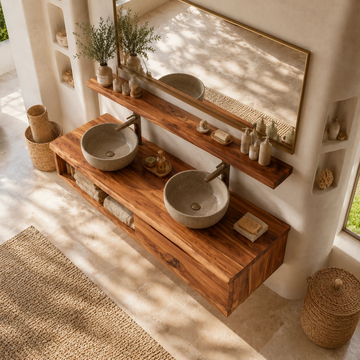 Broad Natural Solid Wood Double Floating Bathroom Vanity With Open Storage - ArborisWood - 5