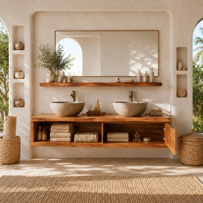 Broad Natural Solid Wood Double Floating Bathroom Vanity With Open Storage - ArborisWood - 6
