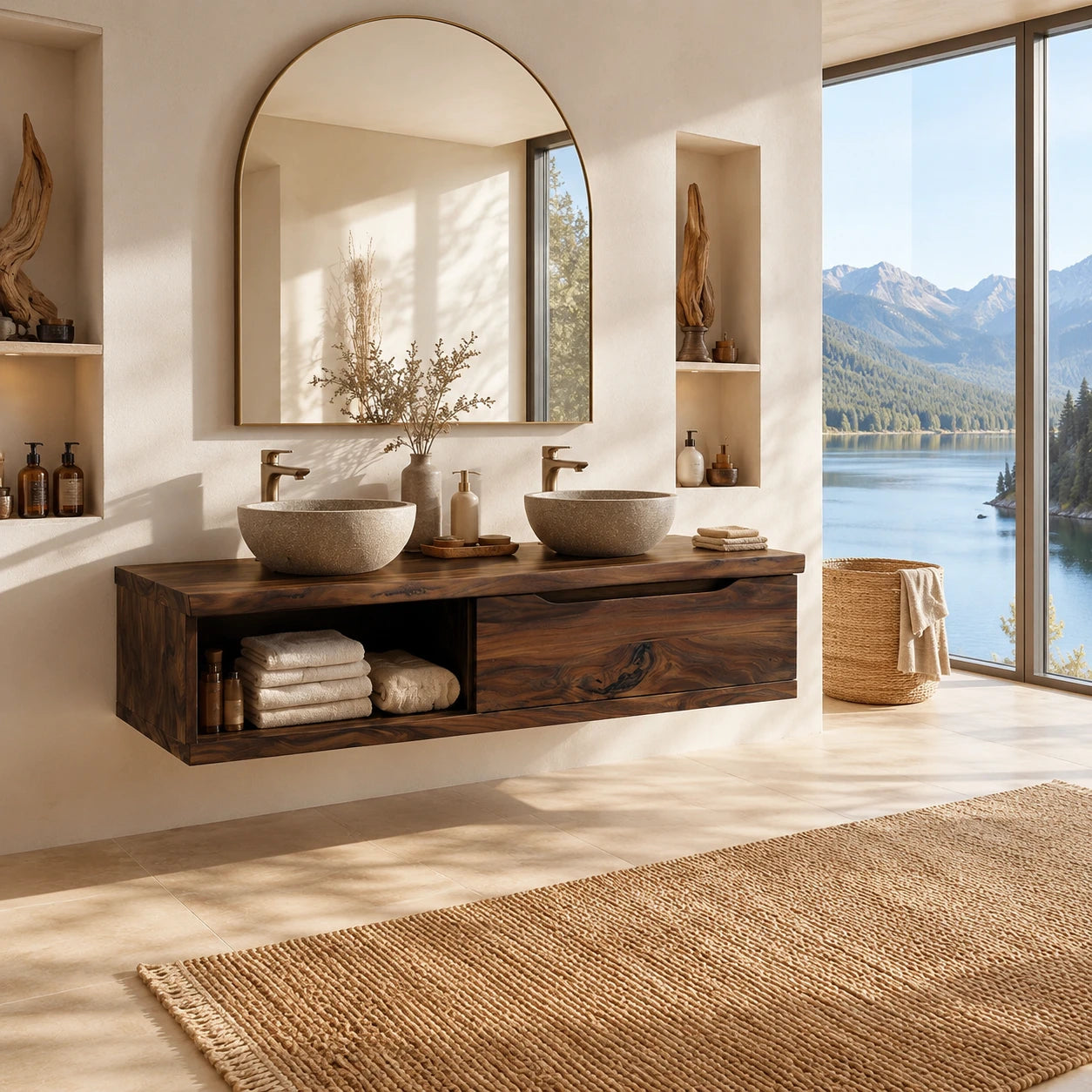 Broad Natural Solid Wood Double Floating Bathroom Vanity With Open Storage - ArborisWood - 7
