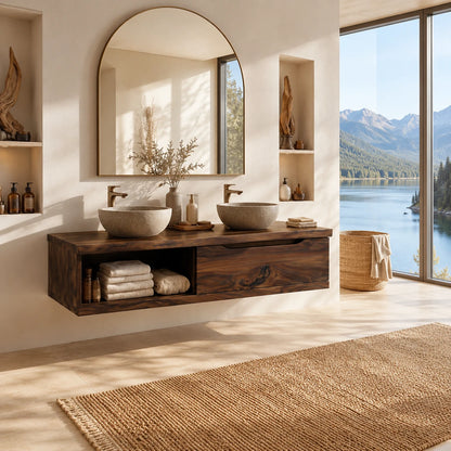 Broad Natural Solid Wood Double Floating Bathroom Vanity With Open Storage - ArborisWood - 7