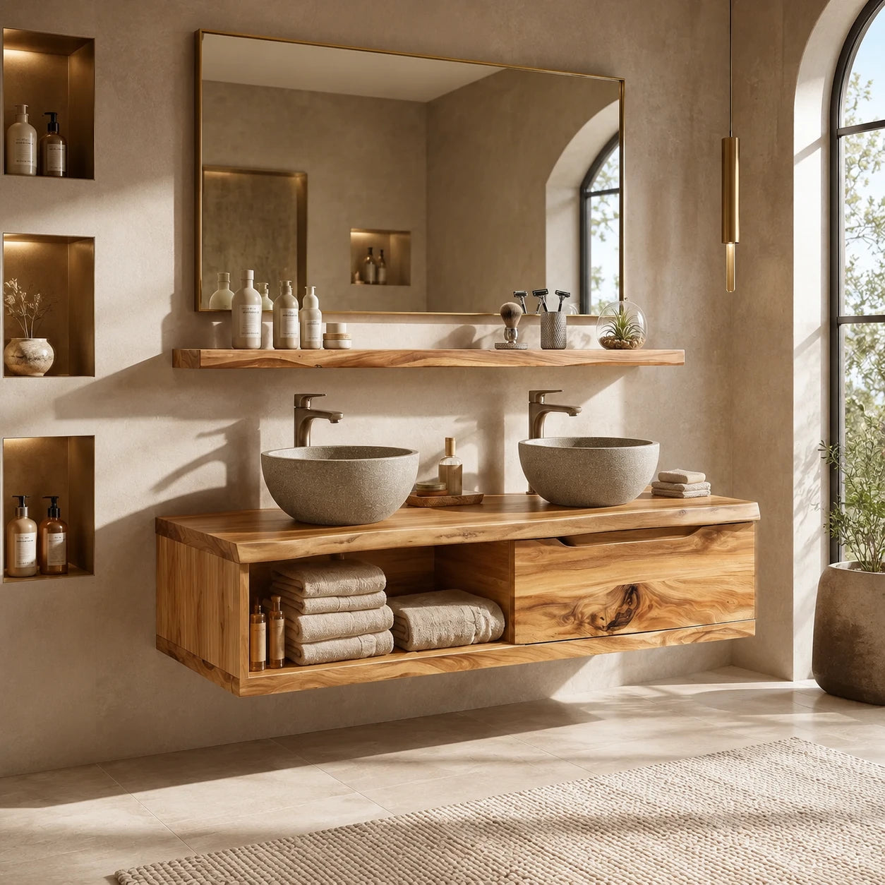 Broad Natural Solid Wood Double Floating Bathroom Vanity With Open Storage - ArborisWood - 8