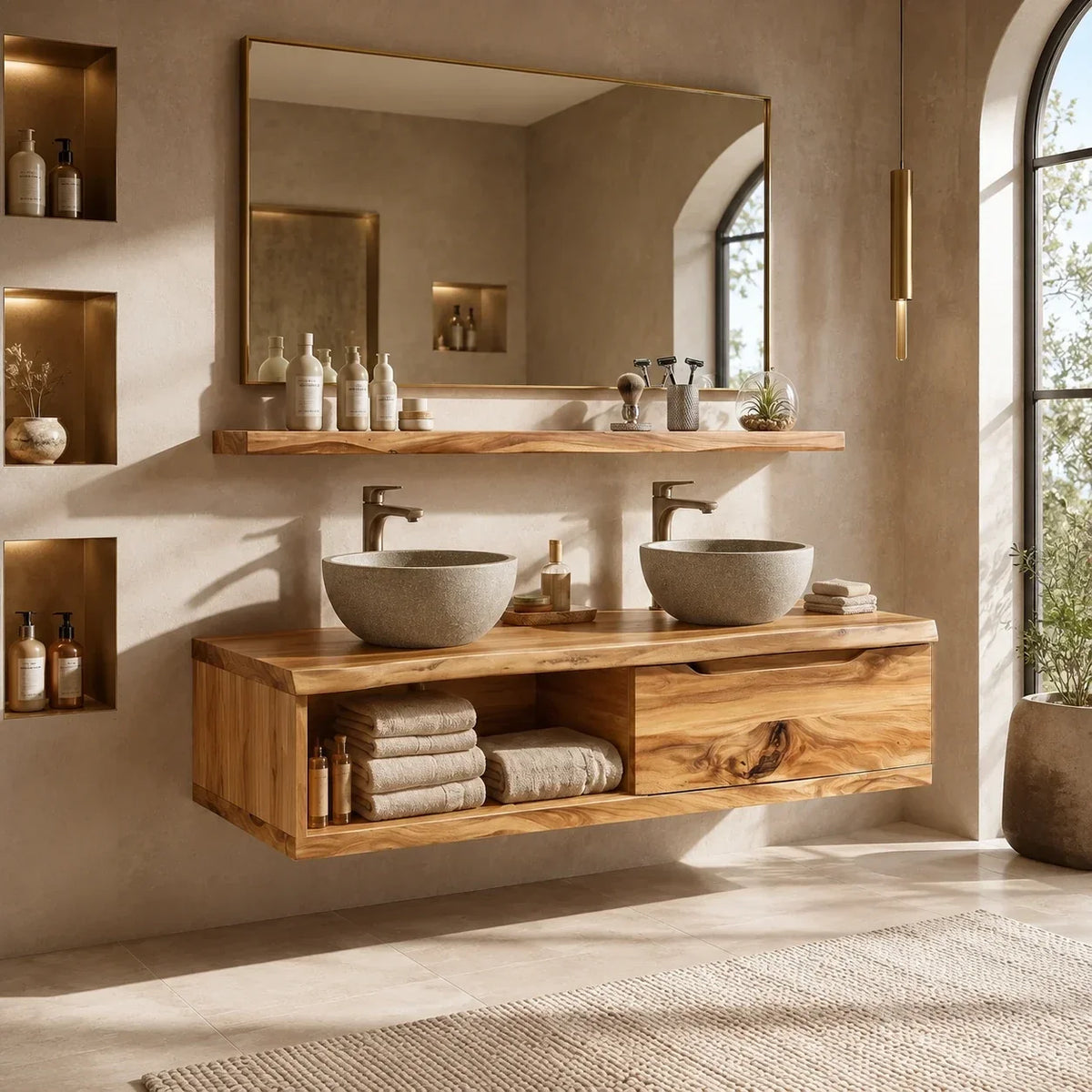 Broad Natural Solid Wood Double Floating Bathroom Vanity With Open Storage - Arboriswood - 8